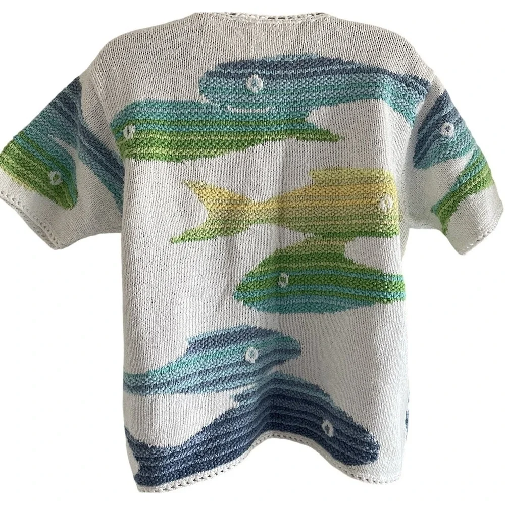 Susan Bristol Hand Knit Fish Cardigan S Coastal Beach Short Sleeve - Picture 3 of 8
